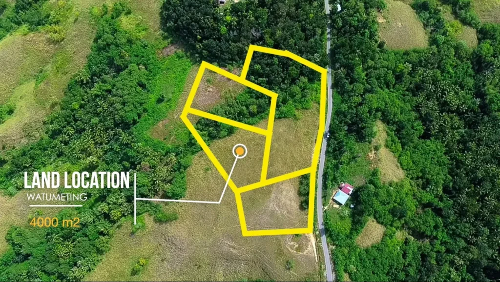 Land location plan with yellow plot outlines beside the road at Lahikaraja, Parirara, Rua, West Sumba