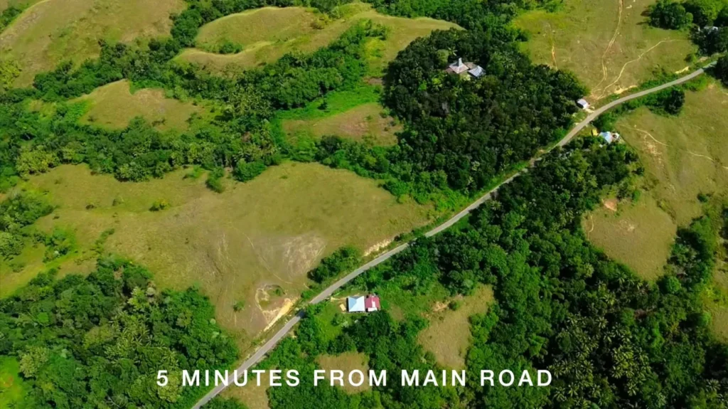 Aerial view of fields and trees beside a rural access road at Lahikaraja, Parirara, Rua, West Sumba
