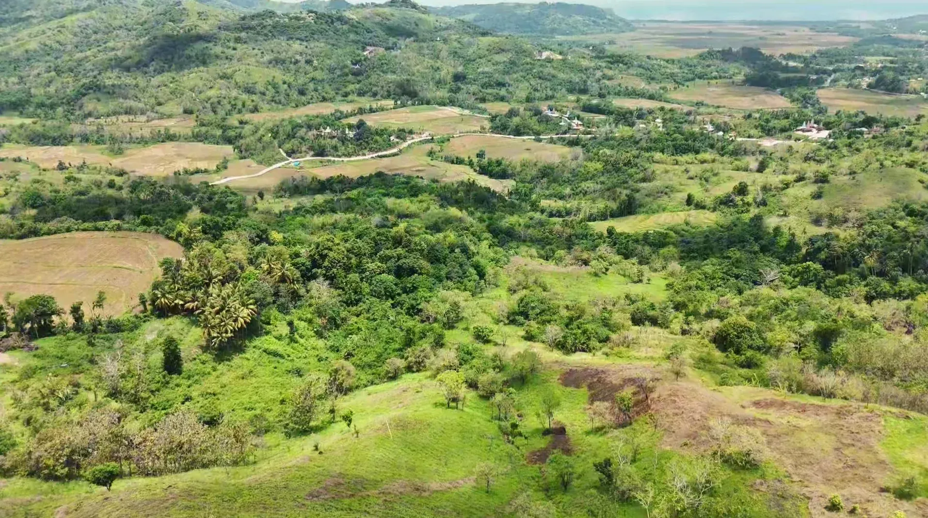 Rural fields and low hills viewed from above at Lapopu, Parirara, near Lapopu, West Sumba