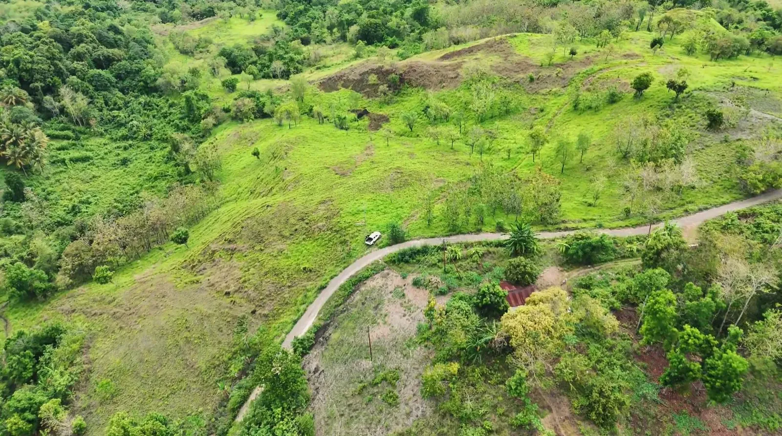 Access road curving through green farmland at Lapopu, Parirara, near Lapopu, West Sumba