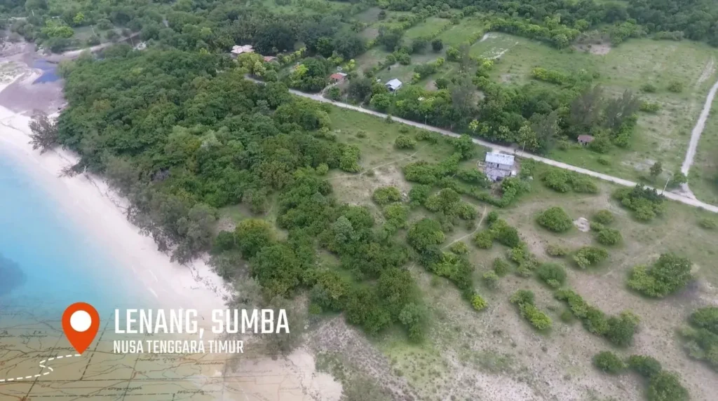 Aerial view of the marked land plot and coastal access road at Lenang Beachfront, Lenang, Central Sumba