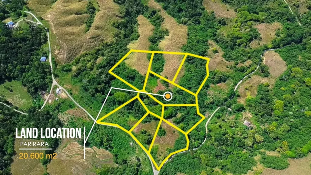 Aerial location plan with yellow land plot outlines at Parirara, Wanokaka, West Sumba