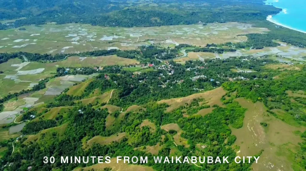 Aerial panorama of hills and rural fields at Parirara, Wanokaka, West Sumba